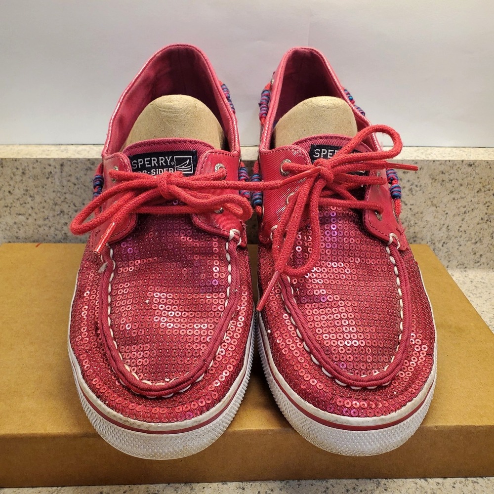 Sperry Hot Pink Sequin Topsider Bahama Unisex Boat Shoes Womens Sz 8M Mens Sz 6